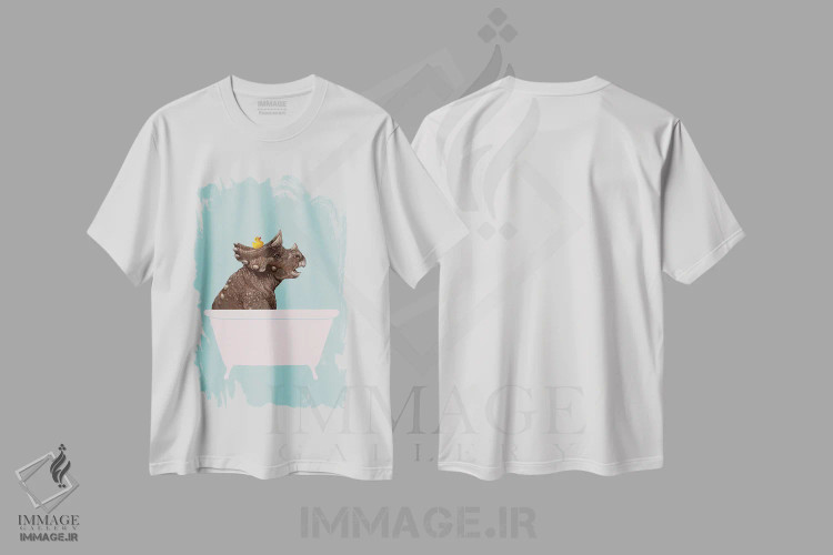 تیشرت سفید طرح دار تریسراتوپس در وان حمام، هنر دیجیتال اثر بگ نوز ورک | فروشگاه ایماژ