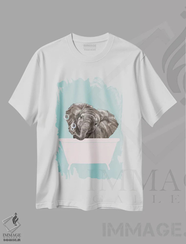 تیشرت سفید طرح دار بچه فیل در وان حمام، هنر دیجیتال اثر بگ نوز ورک | فروشگاه ایماژ
