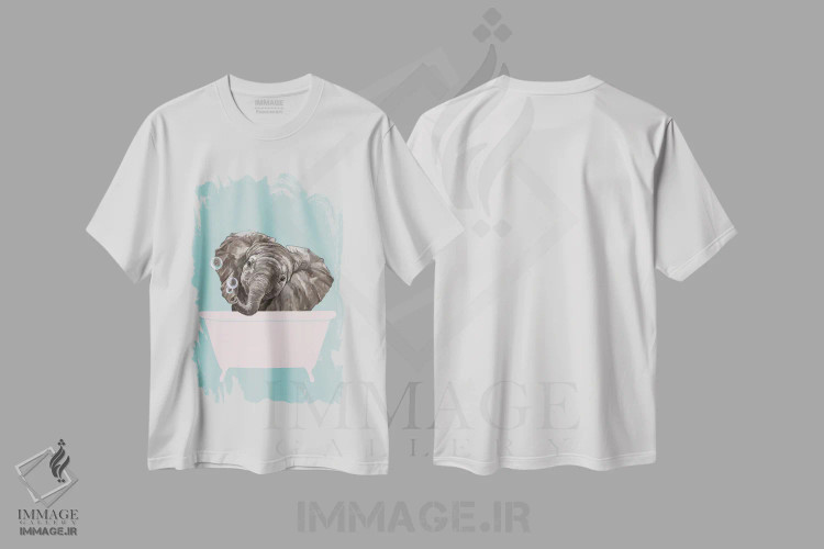 تیشرت سفید طرح دار بچه فیل در وان حمام، هنر دیجیتال اثر بگ نوز ورک | فروشگاه ایماژ