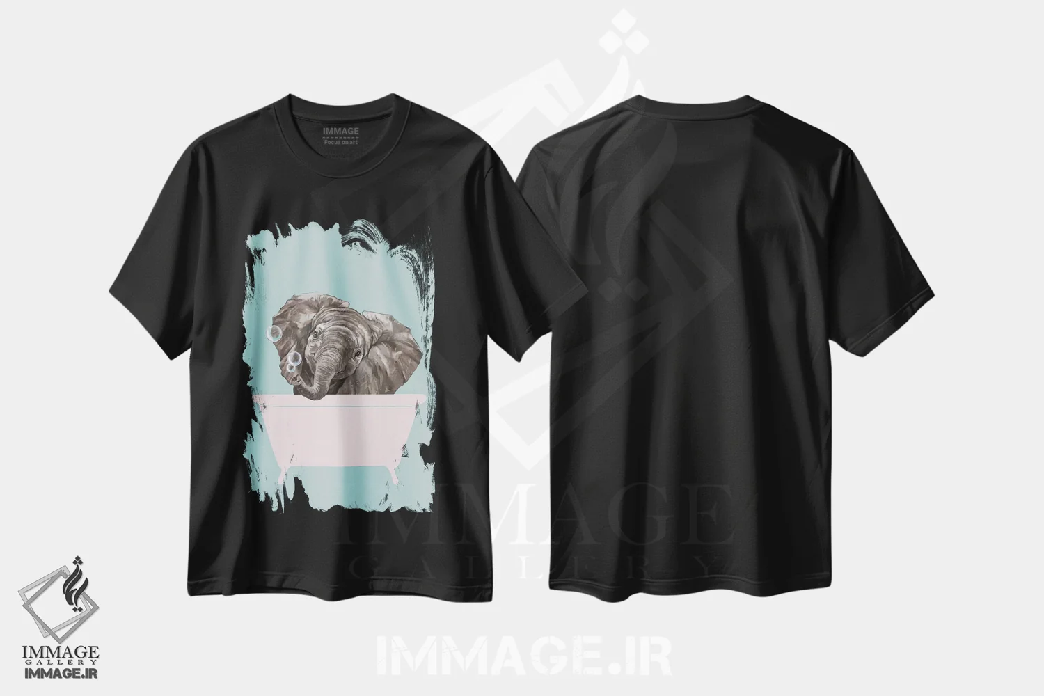 تیشرت مشکی طرح دار بچه فیل در وان حمام، هنر دیجیتال اثر بگ نوز ورک | immage.ir