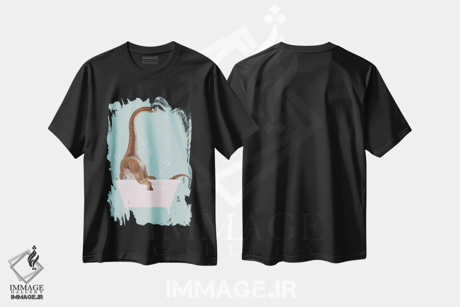 تیشرت مشکی طرح دار براکیوسوروس در وان حمام، هنر دیجیتال اثر بگ نوز ورک | فروشگاه ایماژ