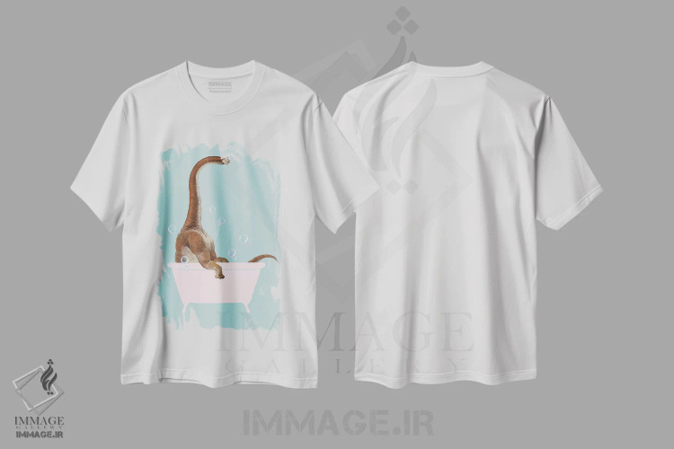 تیشرت سفید طرح دار براکیوسوروس در وان حمام، هنر دیجیتال اثر بگ نوز ورک | immage.ir