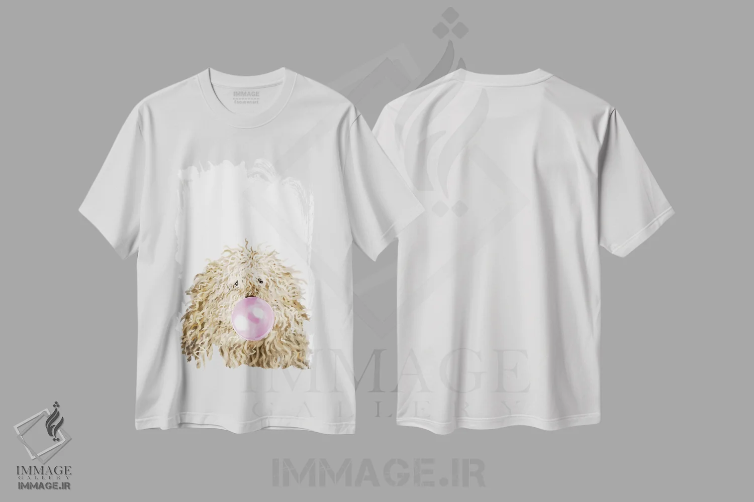 تیشرت سفید طرح دار سگ پولی با آدامس بادکنکی، هنر دیجیتال اثر بگ نوز ورک | immage.ir