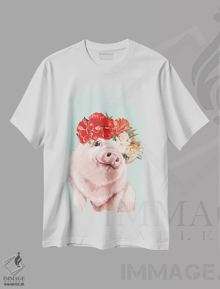 تیشرت سفید طرح دار بچه خوک با تاج گل هاوایی در رنگ سبز، هنر دیجیتال اثر بگ نوز ورک | immage.ir