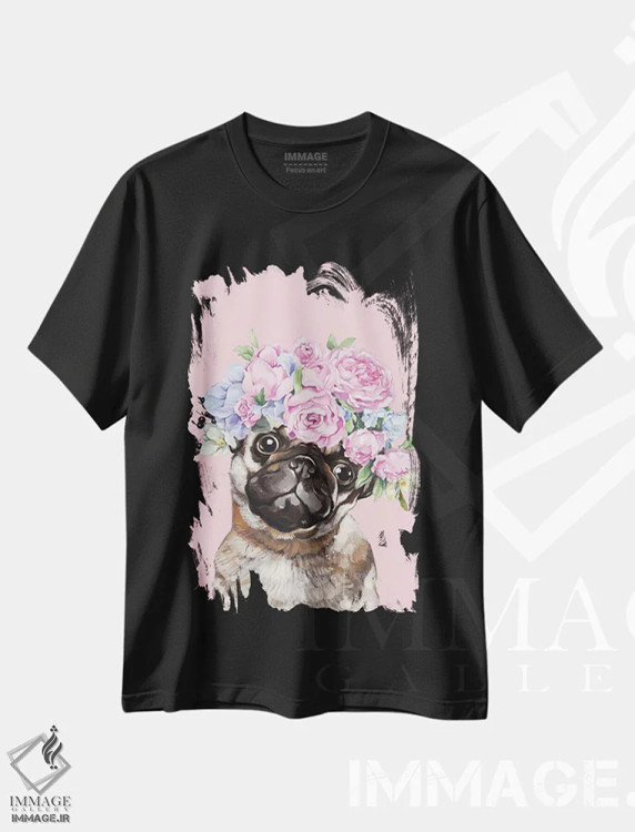 تیشرت مشکی طرح دار پاگ زیبا با تاج گل در رنگ صورتی، هنر دیجیتال اثر بگ نوز ورک | immage.ir