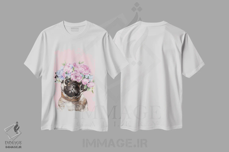 تیشرت سفید طرح دار پاگ زیبا با تاج گل در رنگ صورتی، هنر دیجیتال اثر بگ نوز ورک | فروشگاه ایماژ