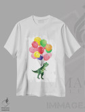 تیشرت سفید طرح دار بیایید با بالون های رنگی با تی رکس پرواز کنیم، هنر دیجیتال اثر بگ نوز ورک | فروشگاه ایماژ