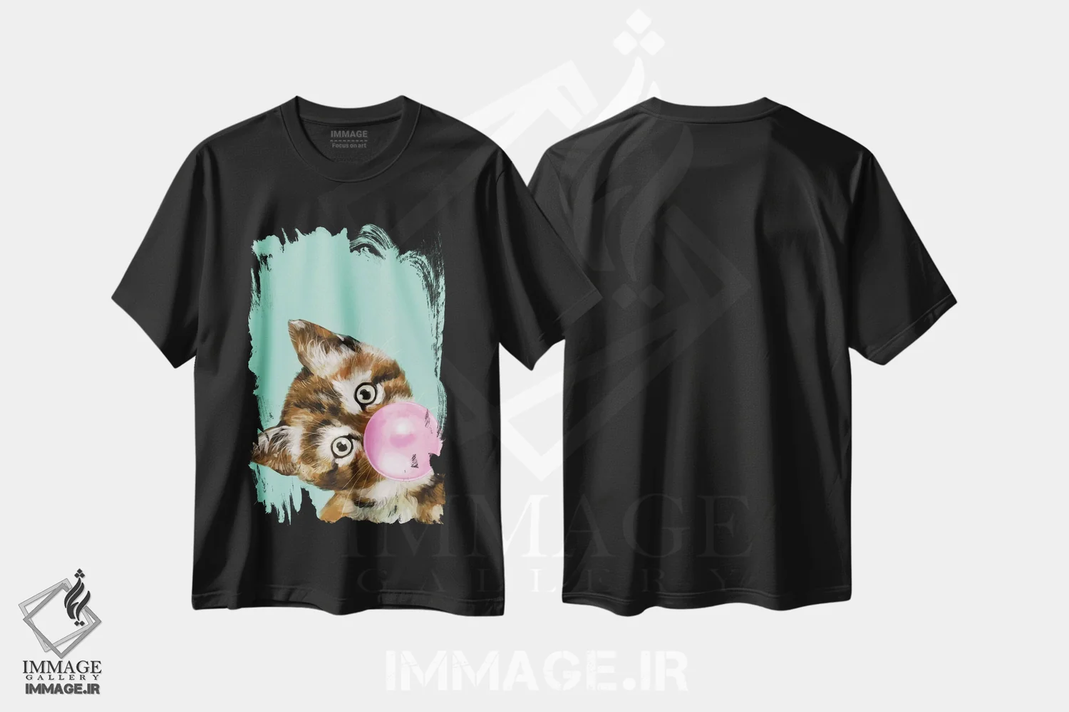 تیشرت مشکی طرح دار بچه گربه در حال فوت کردن آدامس بادکنکی در رنگ سبز، تزئینی اثر بگ نوز ورک | immage.ir