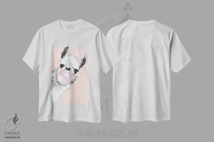 تیشرت سفید طرح دار لامای شیطان که آدامس بادکنکی در رنگ صورتی فوت می کند، تزئینی اثر بگ نوز ورک | فروشگاه ایماژ
