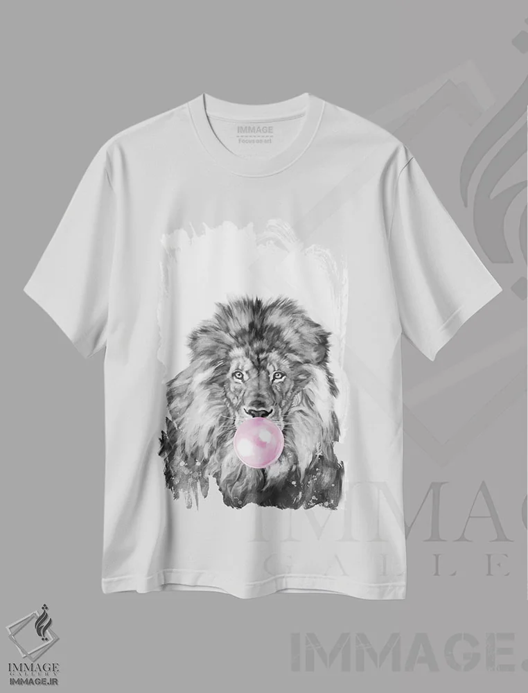 تیشرت سفید طرح دار شیر در حال فوت کردن آدامس بادکنکی، تزئینی اثر بگ نوز ورک | فروشگاه ایماژ