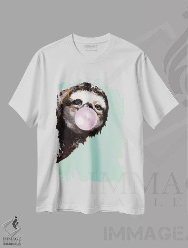 تیشرت سفید طرح دار تنبل شیطان که آدامس بادکنکی در رنگ سبز فوت می کند، تزئینی اثر بگ نوز ورک | فروشگاه ایماژ