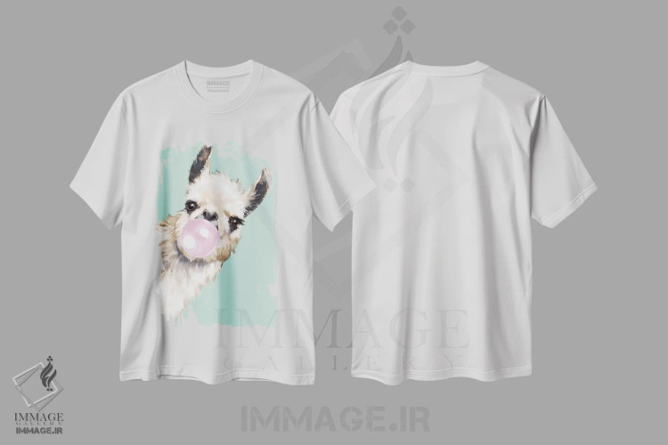 تیشرت سفید طرح دار لامای شیطان که آدامس بادکنکی در رنگ سبز فوت می کند، تزئینی اثر بگ نوز ورک | immage.ir