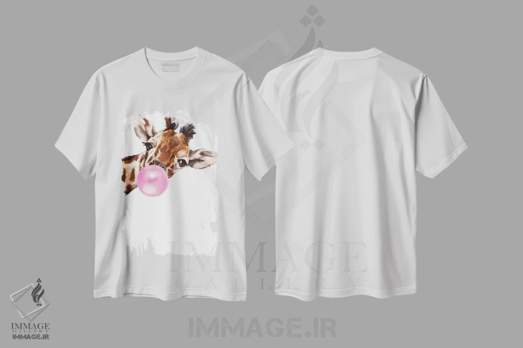 تیشرت سفید طرح دار زرافه شیطان که آدامس بادکنکی فوت می کند، تزئینی اثر بگ نوز ورک | immage.ir