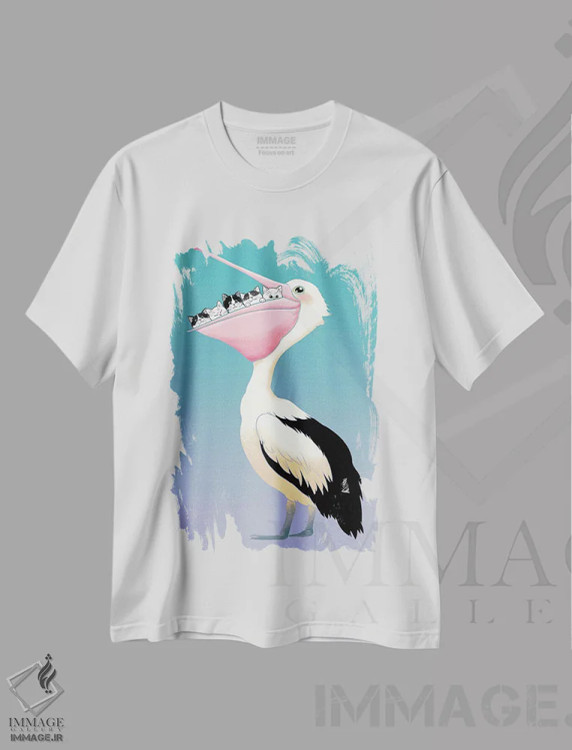 تیشرت سفید طرح دار دوستی گربه ها و پلیکان، تزئینی اثر بگ نوز ورک | فروشگاه ایماژ