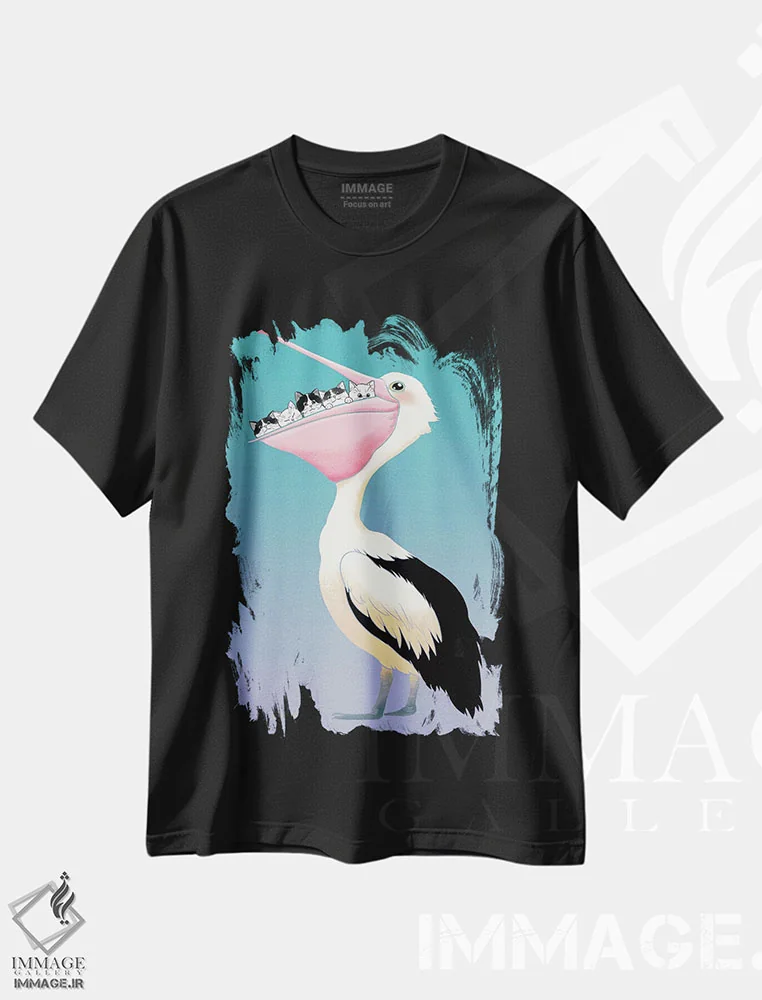 تیشرت مشکی طرح دار دوستی گربه ها و پلیکان، تزئینی اثر بگ نوز ورک | immage.ir