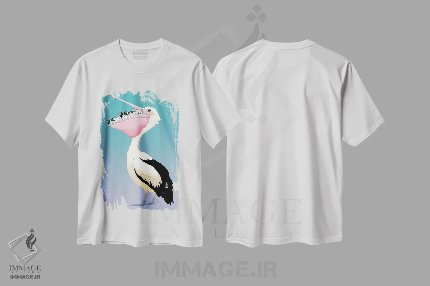 تیشرت سفید طرح دار دوستی گربه ها و پلیکان، تزئینی اثر بگ نوز ورک | فروشگاه ایماژ