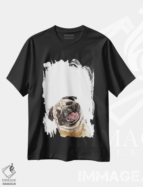 تیشرت مشکی طرح دار پاگ خندان شاد، تزئینی اثر بگ نوز ورک | فروشگاه ایماژ