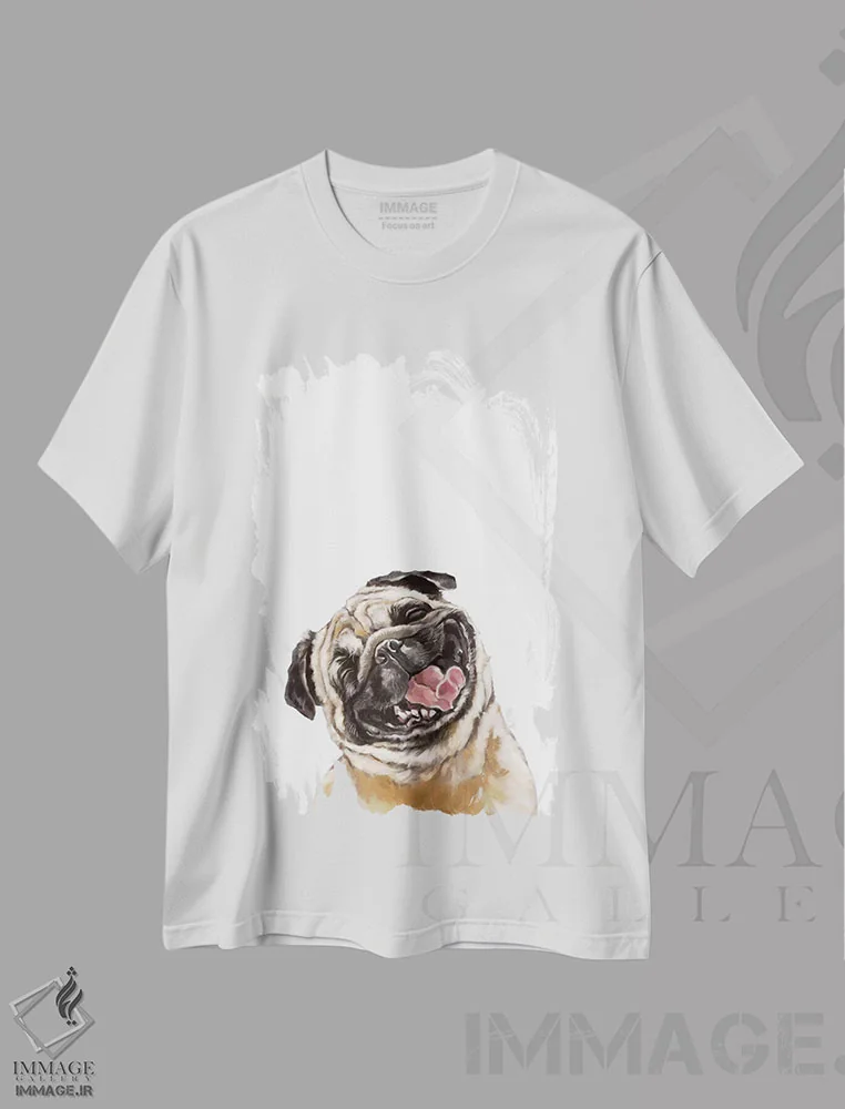 تیشرت سفید طرح دار پاگ خندان شاد، تزئینی اثر بگ نوز ورک | immage.ir