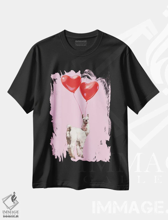 تیشرت مشکی طرح دار لاما و بادکنک های عاشقانه، تزئینی اثر بگ نوز ورک | فروشگاه ایماژ