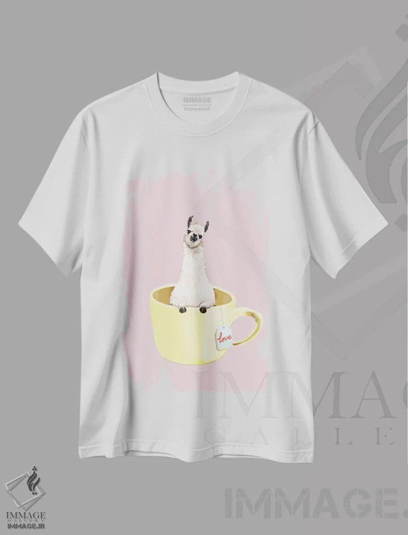 تیشرت سفید طرح دار لاما در لیوان، تزئینی اثر بگ نوز ورک | فروشگاه ایماژ