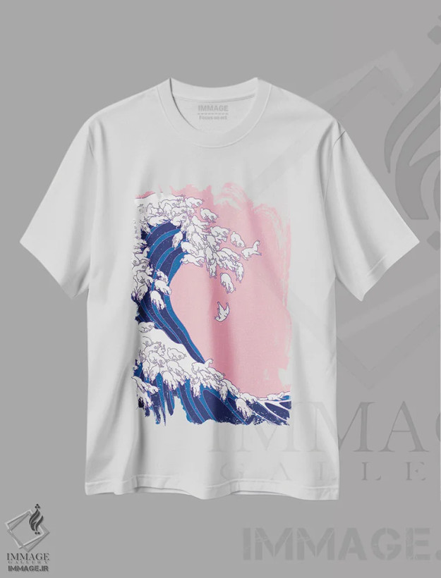 تیشرت سفید طرح دار موج های لاما در رنگ صورتی، تزئینی اثر بگ نوز ورک | فروشگاه ایماژ