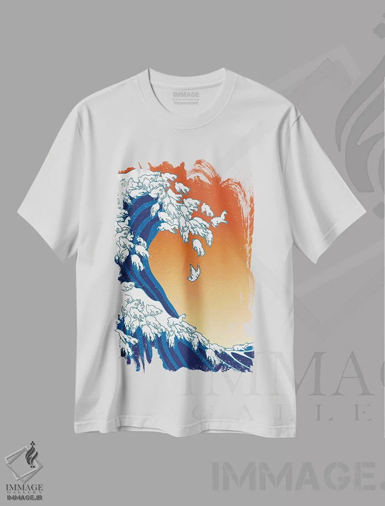 تیشرت سفید طرح دار موج های لاما، تزئینی اثر بگ نوز ورک | immage.ir