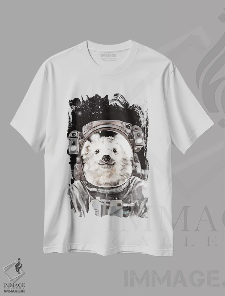 تیشرت سفید طرح دار سلفی خرس قطبی فضانورد، تزئینی اثر بگ نوز ورک | immage.ir
