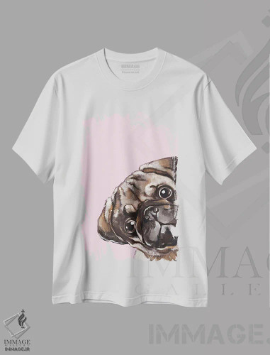 تیشرت سفید طرح دار پاگ غمگین شیطان در رنگ صورتی، تزئینی اثر بگ نوز ورک | فروشگاه ایماژ