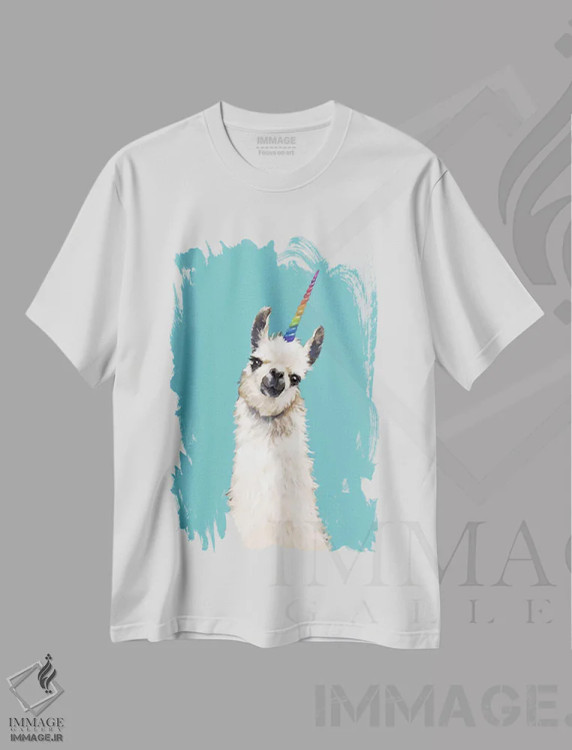 تیشرت سفید طرح دار لامای تک شاخ در رنگ آبی، تزئینی اثر بگ نوز ورک | immage.ir