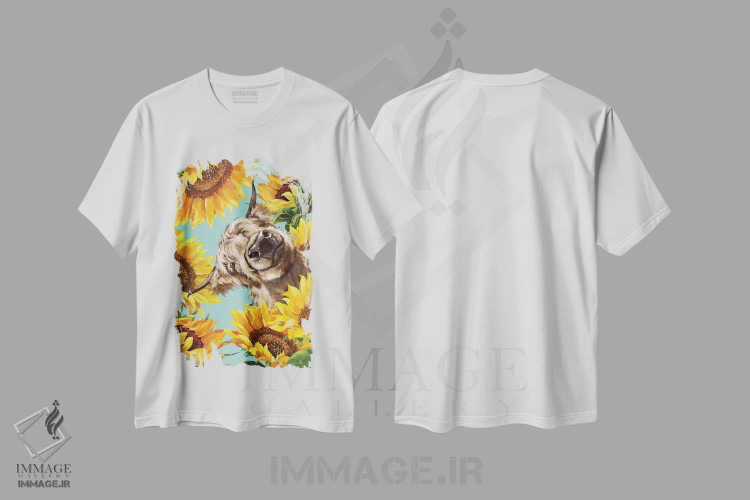 تیشرت سفید طرح دار گاو کوهستانی با گل آفتابگردان، هنر دیجیتال اثر بگ نوز ورک | immage.ir