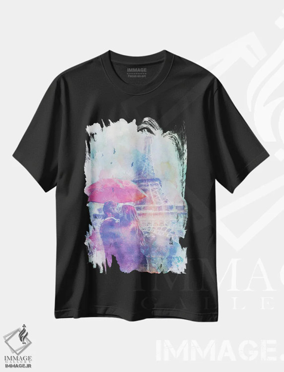 تیشرت مشکی طرح دار عشق برج ایفل، هنر دیجیتال اثر ۳۳ استخوان شکسته | فروشگاه ایماژ