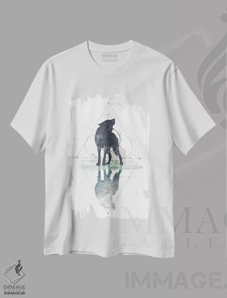 تیشرت سفید طرح دار گرگ هندسی، هنر دیجیتال اثر ۳۳ استخوان شکسته | فروشگاه ایماژ
