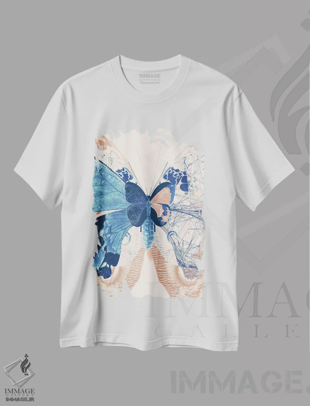 تیشرت سفید طرح دار سه لتی پروانه II، هنر دیجیتال اثر ۳۳ استخوان شکسته | فروشگاه ایماژ