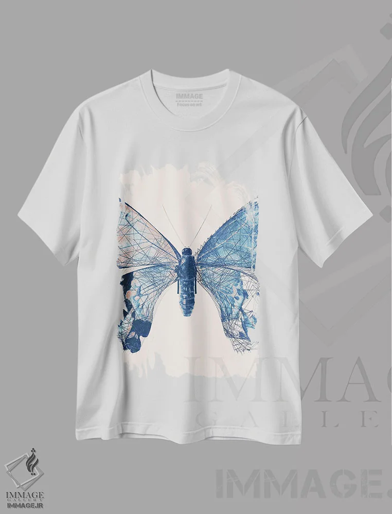 تیشرت سفید طرح دار پروانه V، هنر دیجیتال اثر ۳۳ استخوان شکسته | فروشگاه ایماژ