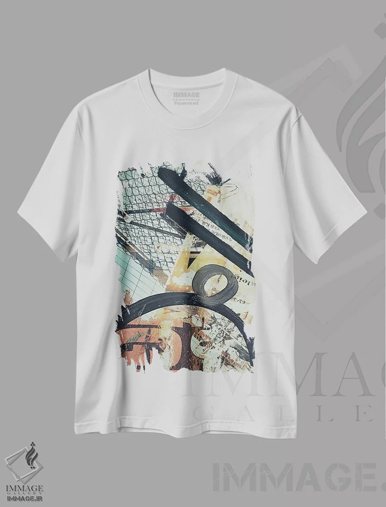 تیشرت سفید طرح دار خیابان های فراموش شده، آبستره اثر ۳۳ استخوان شکسته | فروشگاه ایماژ