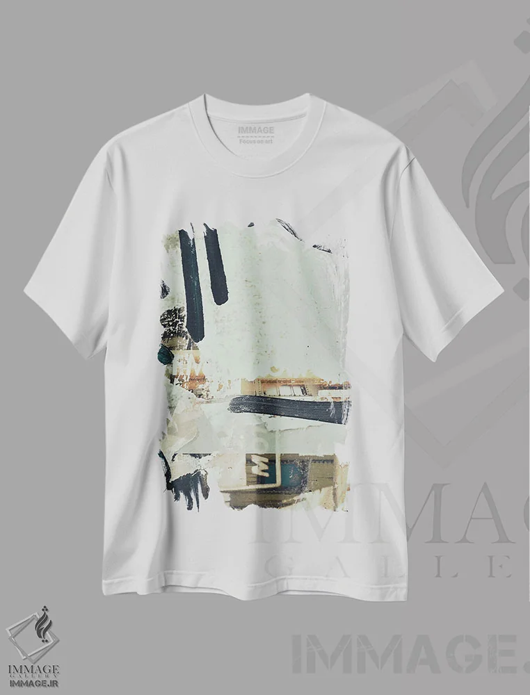 تیشرت سفید طرح دار خیابان های فراموش شده، آبستره اثر ۳۳ استخوان شکسته | فروشگاه ایماژ