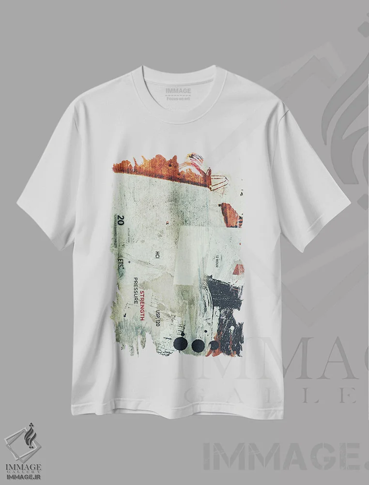 تیشرت سفید طرح دار خیابان های فراموش شده، آبستره اثر ۳۳ استخوان شکسته | immage.ir