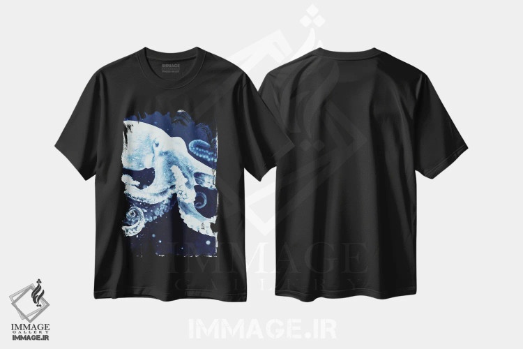تیشرت مشکی طرح دار اختاپوس نیلی، دکور ساحلی اثر ۳۳ استخوان شکسته | فروشگاه ایماژ