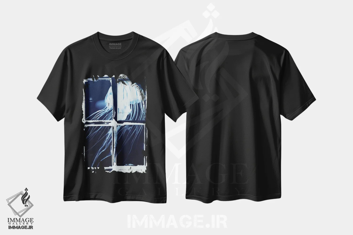 تیشرت مشکی طرح دار مربع های عروس دریایی نیلی، تزئینی اثر ۳۳ استخوان شکسته | immage.ir