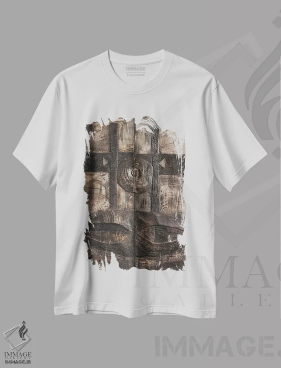تیشرت سفید طرح دار نقاب بروتالیستی ژانوس، آبستره اثر ۳۳ استخوان شکسته | فروشگاه ایماژ
