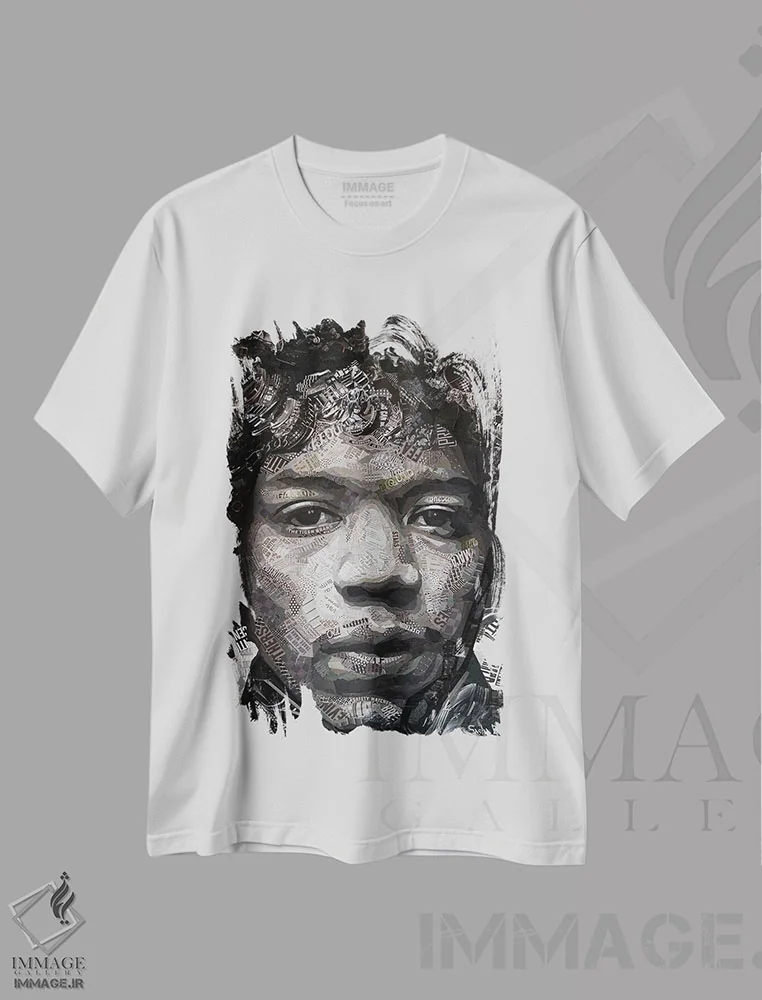 تیشرت سفید طرح دار جیمی هندریکس، هنر فاخر معاصر اثر ساشا بوم | immage.ir