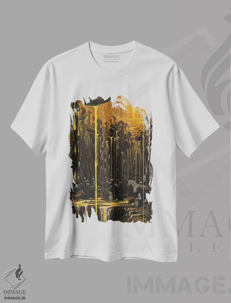 تیشرت سفید طرح دار قلمرویی که موسیقی در آن جاری است، هنر فاخر معاصر اثر آدریان بوردَا | immage.ir