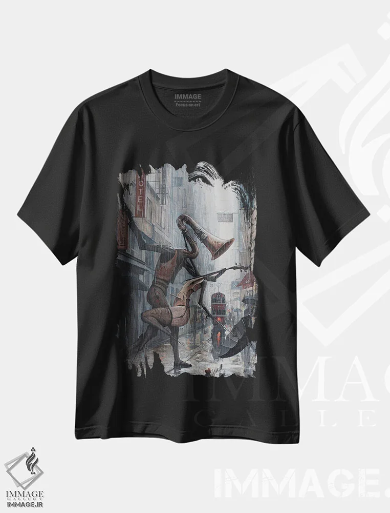تیشرت مشکی طرح دار زندگی رقصی در باران است، هنر فاخر معاصر اثر آدریان بوردَا | immage.ir