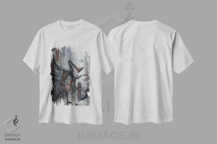 تیشرت سفید طرح دار زندگی رقصی در باران است، هنر فاخر معاصر اثر آدریان بوردَا | فروشگاه ایماژ