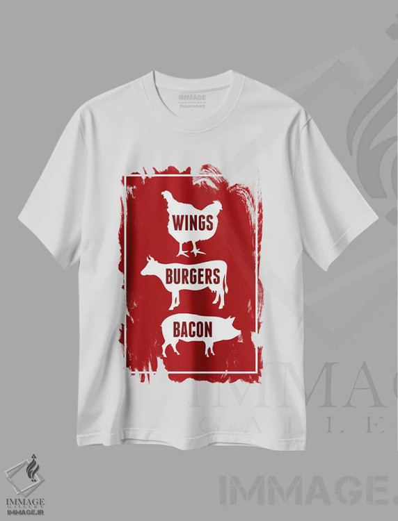 تیشرت سفید طرح دار بال مرغ، برگر و بیکن، هنر دیجیتال اثر پرینت های بنتون پارک | immage.ir