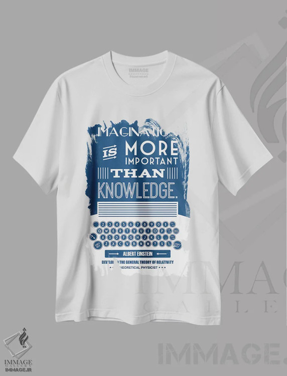 تیشرت سفید طرح دار تخیل مهم تر از دانش است، تزئینی اثر پرینت های بنتون پارک | immage.ir