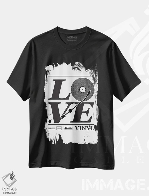 تیشرت مشکی طرح دار عاشق صفحه گرامافون، هنر تزئینی سیاه و سفید اثر پرینت های بنتون پارک | فروشگاه ایماژ
