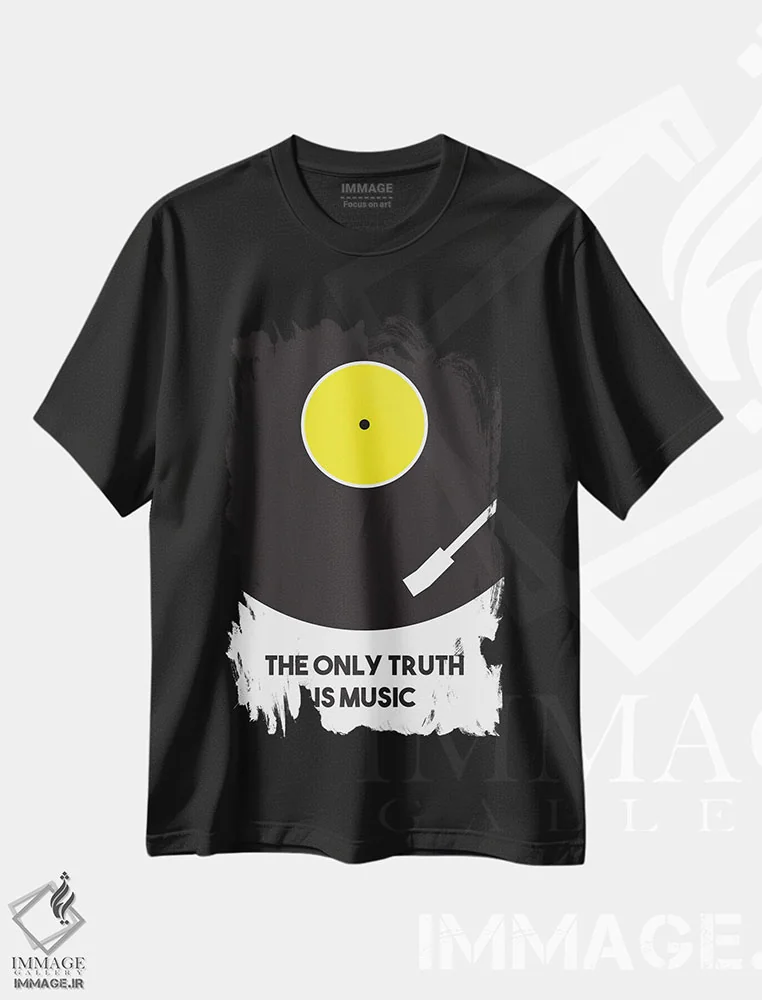 تیشرت مشکی طرح دار تنها حقیقت، موسیقی است، تزئینی اثر پرینت های بنتون پارک | immage.ir