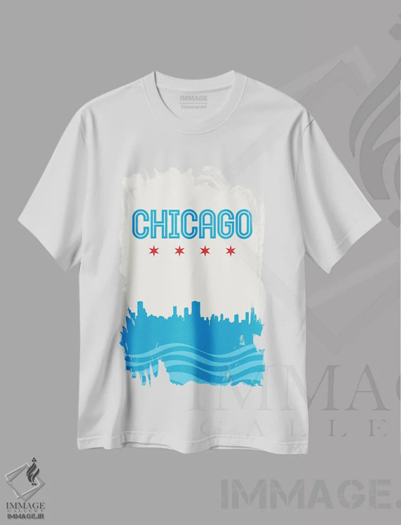 تیشرت سفید طرح دار منظره خط افق با پرچم شیکاگو، هنر دیجیتال اثر پرینت های بنتون پارک | immage.ir