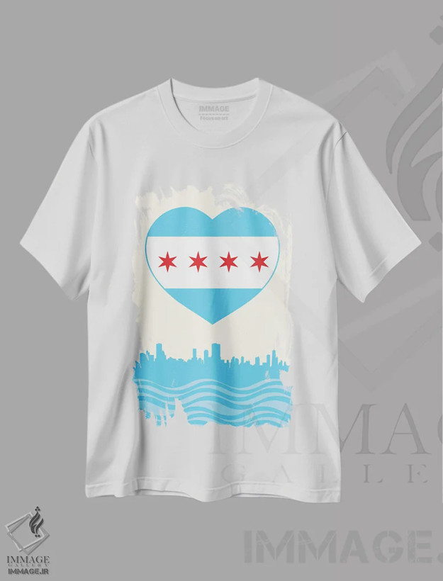 تیشرت سفید طرح دار قلب با طرح پرچم شیکاگو، هنر دیجیتال اثر پرینت های بنتون پارک | فروشگاه ایماژ